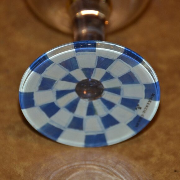 RARE RETIRED DESIGNER MACKENZIE CHILDS BLUE ROYAL CHECK GOLD WINE GLASS GOBLET - Picture 7 of 10